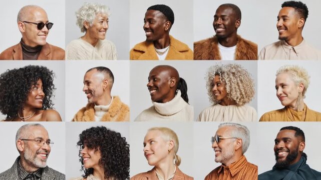 Grid of portraits showing smiling people of different ages and backgrounds, representing community, human connection, and emotional diversity.