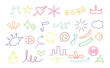 Hand-drawn line icons doodle vector set, colorful minimal sketch elements collection, creative icon bundle for design