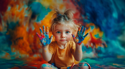 Ni&ntilde;a peque&ntilde;a mostrando las manos pintadas