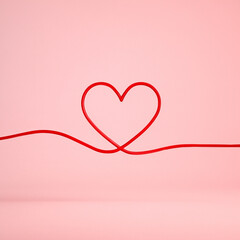 Minimal Red Line Heart on Soft Pink Gradient Background. Valentine Concept Art