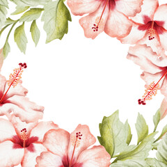 Summer watercolor hibiscus flowers with leaves and buds on branches square frame with copy space. Hand drawn botanical illustration in pastel red green and white. Tropical card template