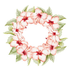 Lush tropical hibiscus flowers with leaves watercolor round wreath. Hand drawn summer botanical illustration in pastel red green and white. Summer round template or frame template for travel designs