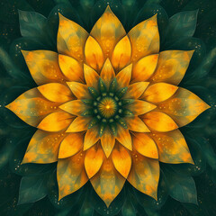 A radiant symphony of golden petals unfolds in an intricate kaleidoscope of fractal patterns, weaving nature’s artistry into mesmerizing optical illusions.