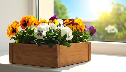 Vibrant Pansies in Wooden Planter on Sunny Windowsill.