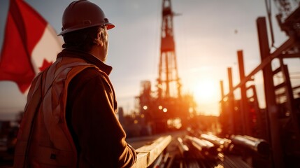 Confident oil worker in hard hat and safety vest overlooking drilling rig at sunset with Canadian flag visible, petroleum industry site bathed in golden hour light