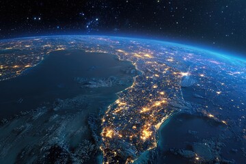 Earth at night, city lights illuminating a section of the Mediterranean