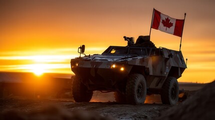 Powerful Canadian armored military vehicle with flag silhouetted against dramatic orange sunset on desert terrain with headlights illuminated in national defense operation
