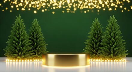 Elegant Christmas scene with golden platform and trees for product display