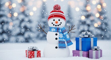 Festive snowman with gifts in a snowy winter wonderland celebration