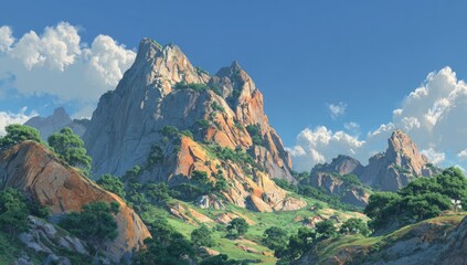 Mountain landscape, bright sunlight, lush greenery