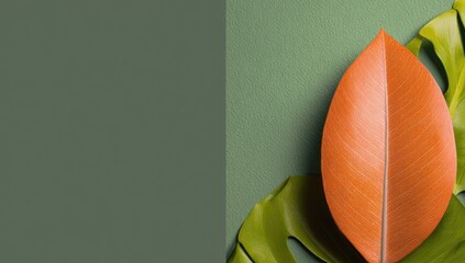 Two tropical leaves, orange and green, on a muted green background