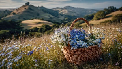 Wicker basket filled with wildflowers in a meadow, hills in background