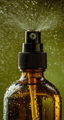 Close-up of a brown glass spray bottle dispensing mist