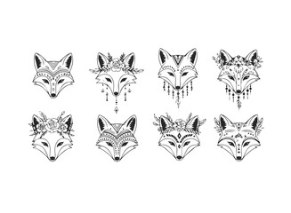 Set of Eight Stylized Fox Faces with Floral and Tribal Ornaments.