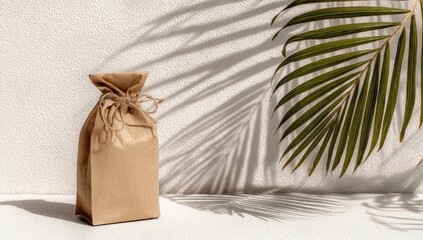 Beige paper bag, shadow, palm leaf, minimalist
