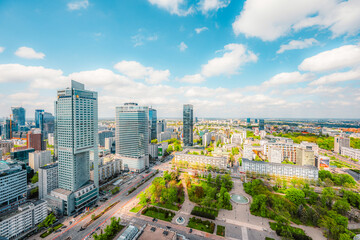 Obraz premium Panoramic view of modern skyscrapers and business centers in Warsaw. View from Palace of Culture and Science in Warsaw, Poland.