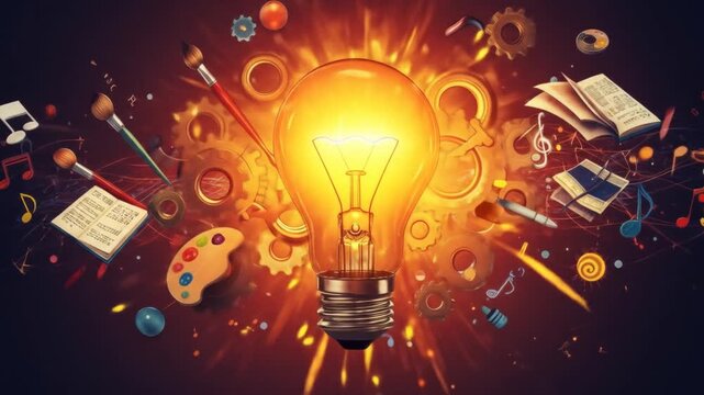 Bright lightbulb with artistic elements creating visual concept of idea