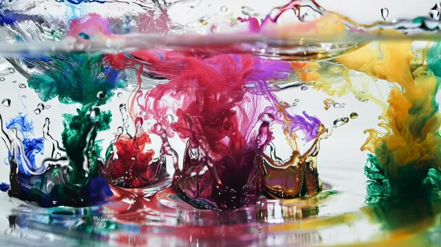 Colorful dyes dissolving in water, forming abstract shapes, reflections, and dynamic flow patterns