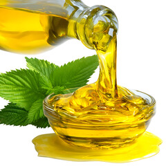 Olive oil pouring into a glass bowl with green leaves transparent background