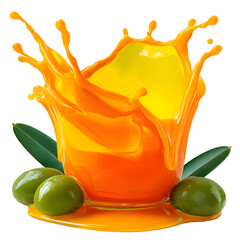 Vibrant orange juice splash with green fruit on transparent background