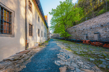 Medieval monastery Cerveny Klastor near Peak Tri Koruny or Trzy Korony in Pieniny National park in Slovakia and Poland