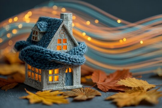 The gentle glow of autumn: a miniature house amidst rustic scenery. Social connections. A quaint wooden house amidst vibrant leaves in the cozy embrace of autumn. Internet networks.