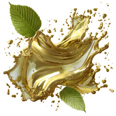 Dynamic golden splash with fresh green leaves against transparent backdrop