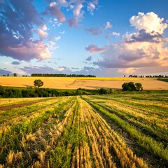 Golden Field at Sunset - A Serene Landscape of Rural Beauty.