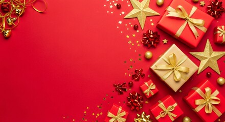 Festive Christmas gifts with gold bows and stars on a vibrant red background