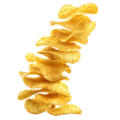 Stack of golden potato chips with herbs against a transparent background