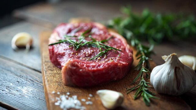 Raw steak with garlic and rosemary on wooden board, ready for grilling. Perfect for food styling, restaurant branding, and culinary visuals.