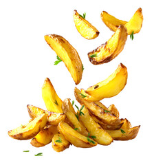 Golden roasted potato wedges falling transparent background culinary concept