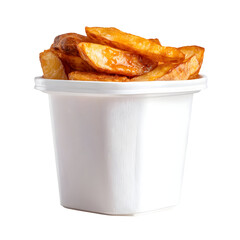 Golden fried potato wedges in white container on transparent background