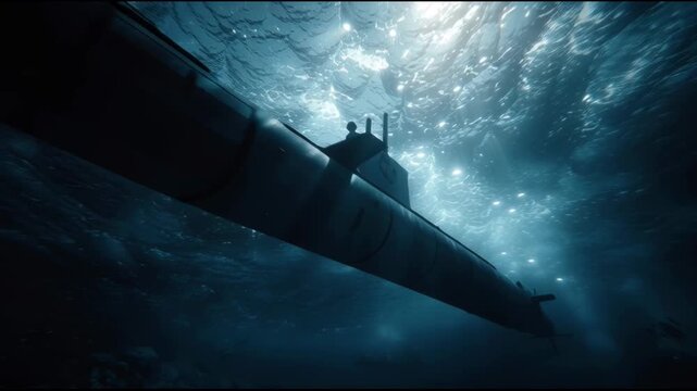 Dramatic plunge of powerful combat submarine deep into mysterious ocean for silent underwater mission