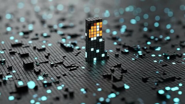 Abstract Grid Surface with Tower Rising Amidst Bokeh Lights in Shades of Black and Teal Generative Art Geometric Landscape Data Visualization Network Concept