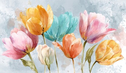Pastel tulips in soft watercolor style on a light background