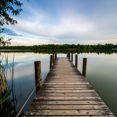 Naklejka premium Tranquil wooden dock on calm water