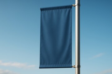 Vertical street banner mockup with blank blue flag hanging on silver pole against bright blue sky background for branding or presentation concept. Ai generative