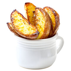 Golden roasted potato wedges in white ceramic cup with transparent background