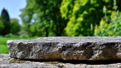Gray stone slab outdoors, blurred green trees and grass background