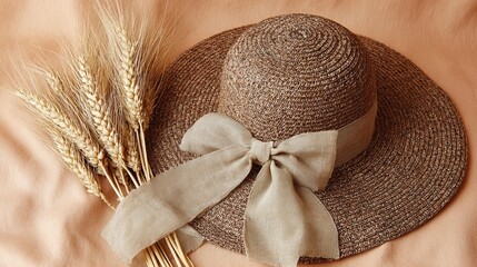 Elegant straw hat with wheat stalks on beige backdrop studio shot