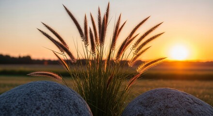 Golden sunset illuminating wild grass and stones creating a peaceful landscape scene