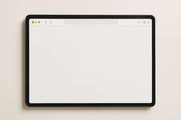 Blank web browser window mockup displayed on tablet screen against light background for presentation or branding design purposes. Ai generative