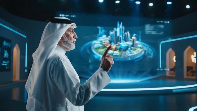 A man in traditional attire gestures toward a futuristic display in a modern conference room setting