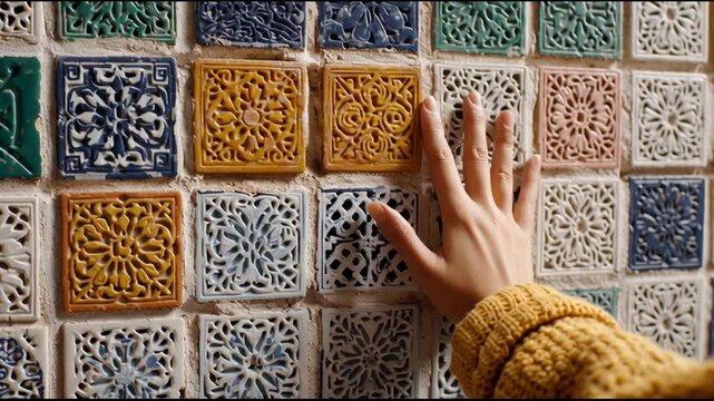 Hand gently touching colorful tile wall, feeling intricate pattern and rustic texture of artisan craft and travel history