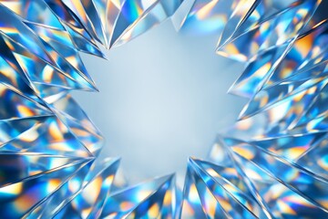 Abstract crystal shards forming circular frame with prismatic light reflections on soft blue background, showcasing futuristic design concept. Ai generative