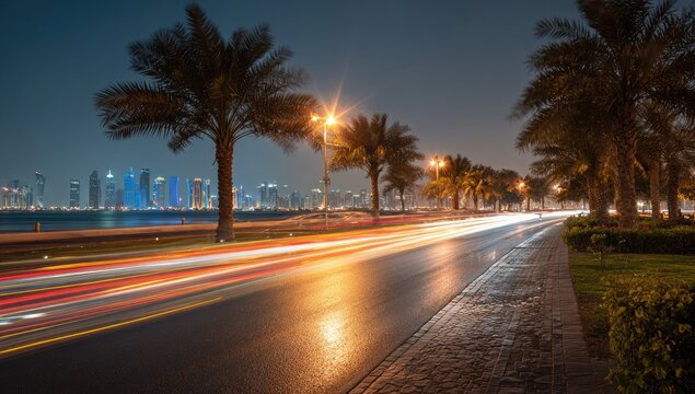 Night city boulevard with palm trees and blurred car lights