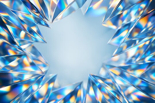 Abstract crystal shards forming circular frame with prismatic light reflections on soft blue background, showcasing futuristic design concept. Ai generative