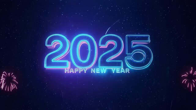 A neon graphic displays "2025 Happy New Year" with light streaks and torches on a dark blue backdrop