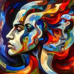 Vibrant Abstract Painting of Faces Merged with Colorful Swirls